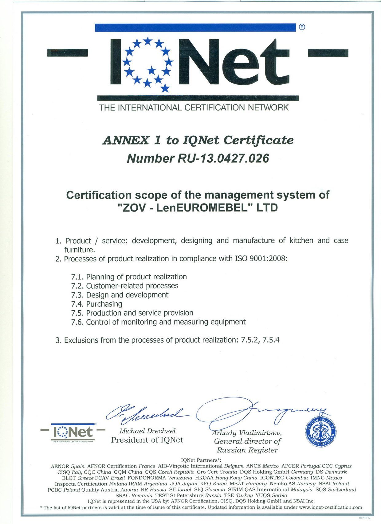 Annex 1 to IQNet Certificate